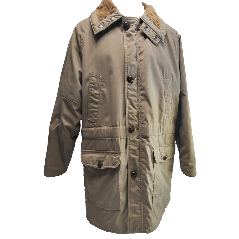 Field And Stream Brown Tan Four Button Full Zip Coat Corduroy Collar Sz 40 Vtg